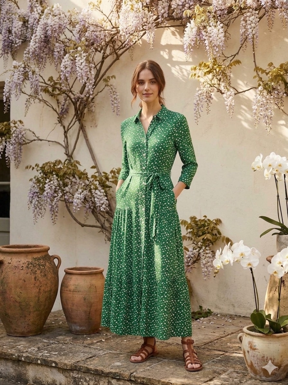 Zara Green Polka Dot Maxi Shirt Dress With Pockets